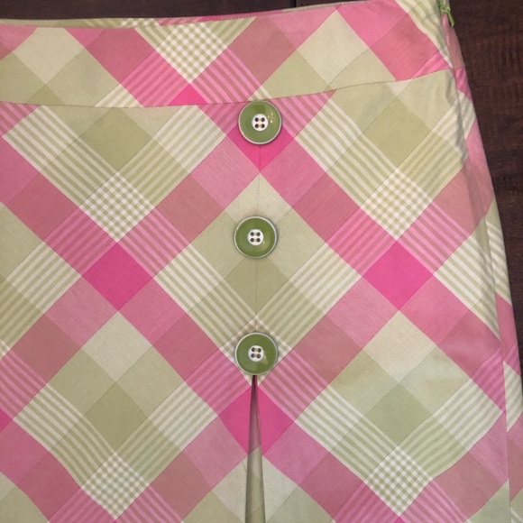 ANN TAYLOR LOFT Pink & Lime Green Plaid Skirt with Lime Green Buttons - Size 12 - Picture 4 of 9